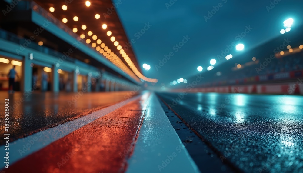 Obraz premium Wet racetrack pit lane at night reflecting lights. Blurred background shows stadium seating, track stretches to horizon. Empty race circuit after rain, moody atmosphere.