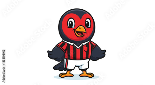 Cartoon bird sports mascot in a striped jersey and shorts against a white background