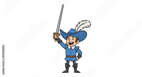 Cartoon musketeer with sword raises weapon victoriously, celebrating success and bravery, great
