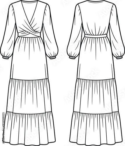 Women long sleeve maxi dress technical fashion illustration front and back view wrap bodice tiered skirt flat sketch