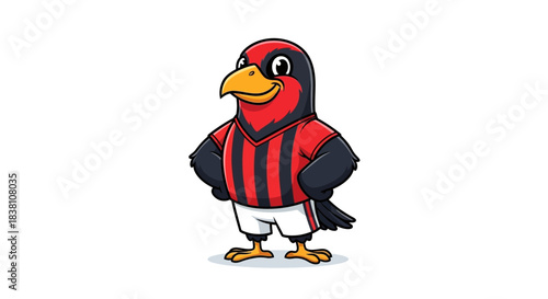 Cartoon bird mascot character with a red and black striped jersey for team support or brand image