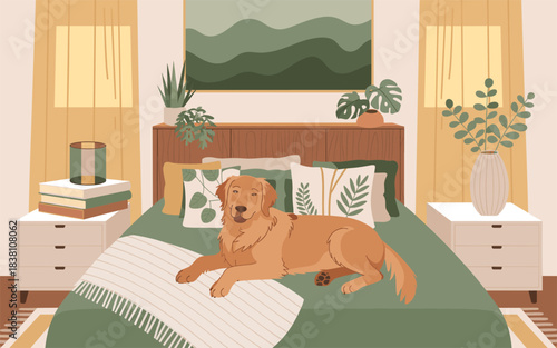 Cozy Bedroom Scene Featuring a Golden Retriever Dog Relaxing on a Bed with Plants and Subtle Decor
