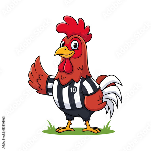 Cartoon rooster referee offering guidance with whistle blowing fairness determination