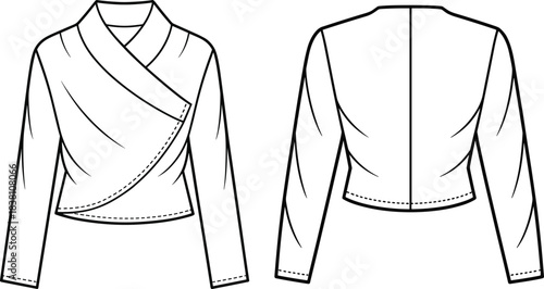 Women long sleeve wrap blouse technical fashion illustration front and back view cropped crossover top flat sketch