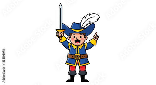 Cheerful musketeer wielding a sword with a feathered hat cartoon character illustration
