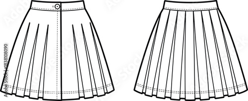 Women pleated skirt technical fashion illustration front and back view high waist garment flat sketch vector design