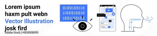Digital connectivity, mobile applications, data sharing, cybersecurity, communication networks, human interaction. Visuals feature binary code, smartphone with icons and a human head. Digital