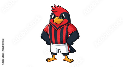 Cartoon bird character, confidently posing in red and black striped jersey attire and sportive