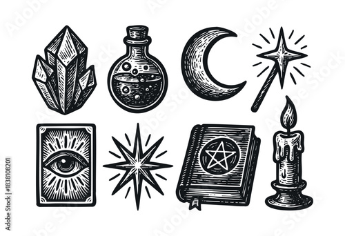Magic and occult engraved icons — crystal, potion, spellbook, and other mystical symbols — stock vector.