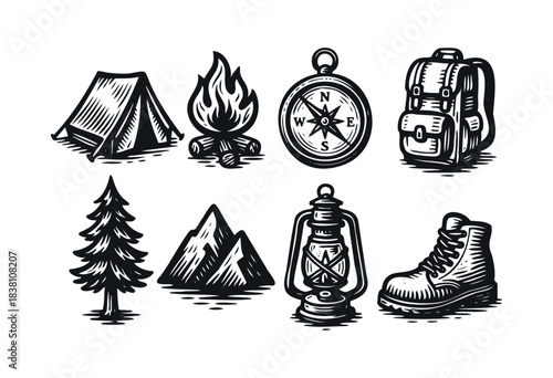 Camping and hiking engraved icons — tent, campfire, compass, and other outdoor adventure gear — stock vector.