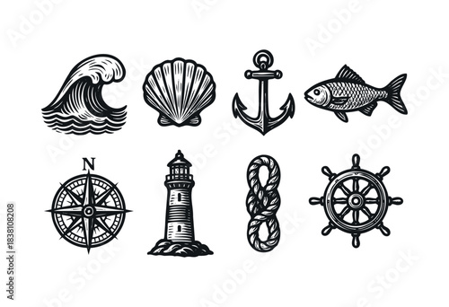 Nautical engraved icons — anchor, lighthouse, compass, and other sea symbols — stock vector.