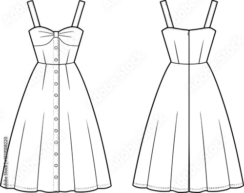 Women's summer dress technical fashion illustration front and back view sleeveless vintage button bodice apparel flat sketch design vector template