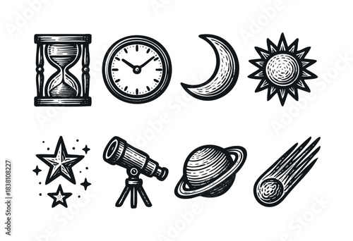 Time and space engraved icons — hourglass, telescope, planet, and other celestial and time symbols — stock vector.