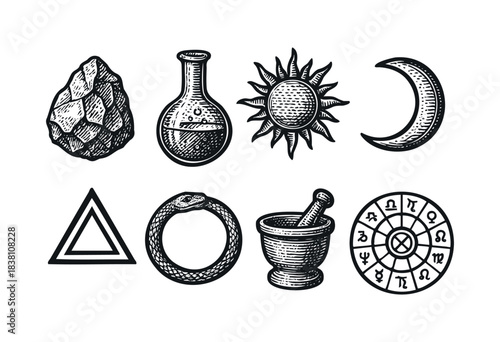 Alchemy and occult engraved icons — Ouroboros, zodiac wheel, and other esoteric symbols — stock vector.