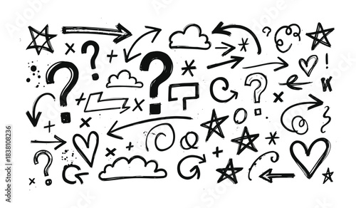 Hand Drawn Doodle Elements Question Marks Arrows Stars Hearts Clouds and Splatters Keywords: question mark, hand drawn, doodle, arrow, star, heart, cloud, splatter, ink, sketch, drawing, graphic