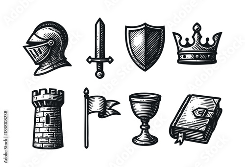 Medieval knight engraved icons — helmet, sword, shield, and other chivalry symbols — stock vector.