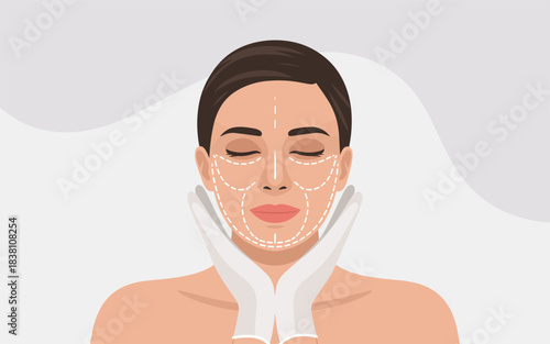 Illustration of a woman's face with markings for cosmetic surgery and hands wearing gloves
