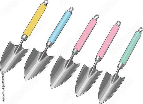 Hand trowel gardening tool set with colorful handles, metal shovel spade collection vector illustration isolated