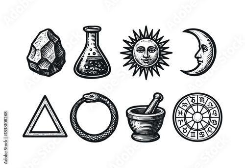 Alchemy and occult engraved icons — Ouroboros, zodiac wheel, and other esoteric symbols — stock vector.