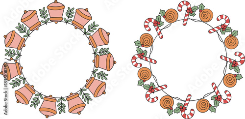 Hand drawn holiday wreath set with bells and candy canes, festive circular Christmas frame vector illustration