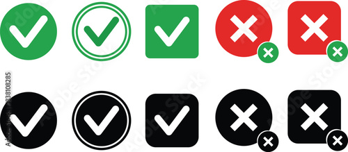 Checkmark and cross icon set: approval, denial, success, error Vector