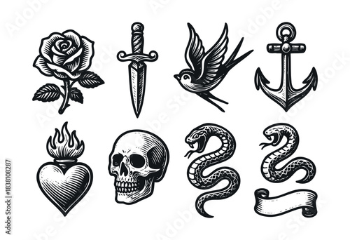 Traditional tattoo engraved icons — rose, dagger, skull, and other old school flash symbols — stock vector.