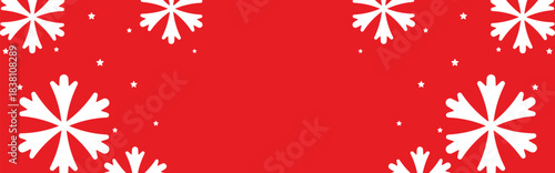 Festive red winter background with bold white geometric snowflakes and scattered stars framing wide copy space, ideal for Christmas greetings, seasonal invitations, web banners, and holiday promotions