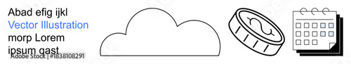 Cloud computing, digital planning, data storage, financial transactions, scheduling, and organization. Minimalist cloud, coin and calendar icons. Cloud computing and scheduling concepts