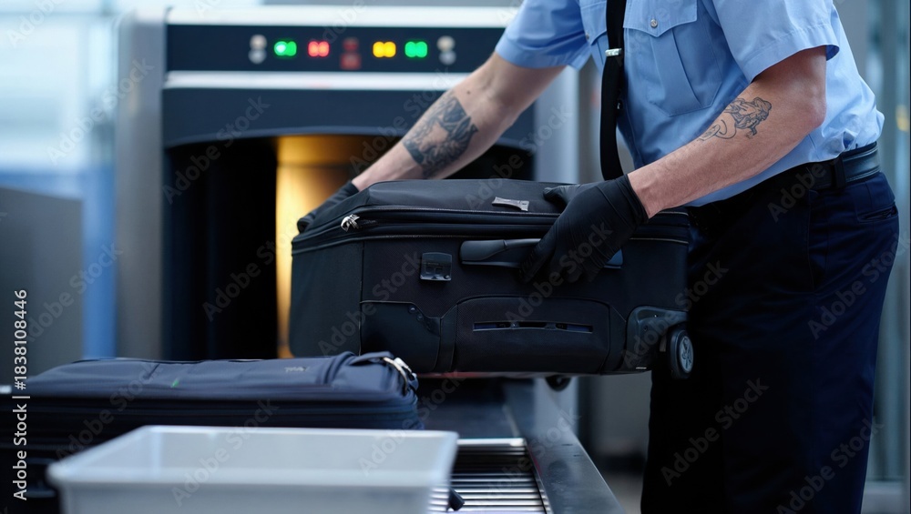 Fototapeta premium Security officer inspecting luggage at airport x-ray screening checkpoint.