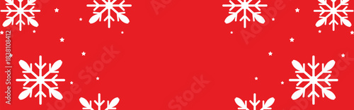 Festive red winter background with bold white geometric snowflakes and scattered stars framing wide copy space, ideal for Christmas greetings, seasonal invitations, web banners, and holiday promotions