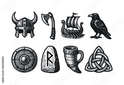 Viking engraved icons : horned helmet, drakkar ship, and other Norse and Scandinavian mythology symbols — stock vector.