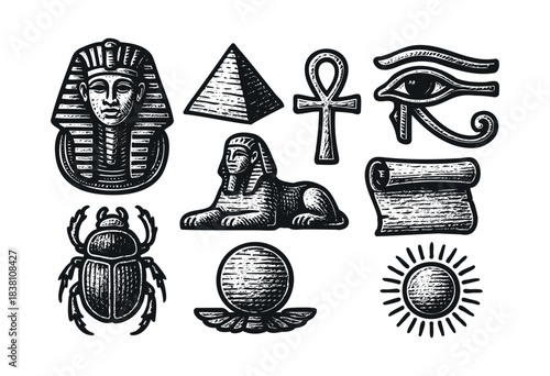 Ancient Egypt engraved icons : pharaoh, pyramid, and other historical and mythological symbols — stock vector.
