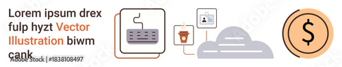 Cloud storage, online payment, digital communication, security management, e-commerce solutions, technology services. Cloud and currency symbol alongside digital elements. Cloud storage and online