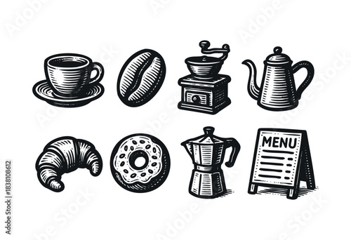 Coffee shop engraved icons : coffee cup, beans, and other cafe and pastry items — stock vector.