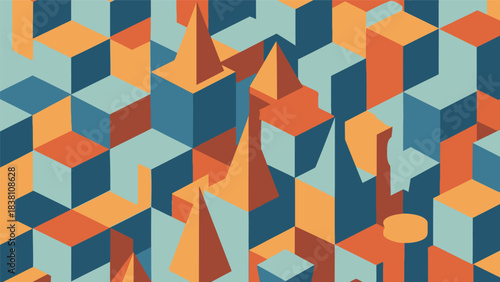 Isometric geometric landscape in blues and oranges creating an abstract optical illusion of depth