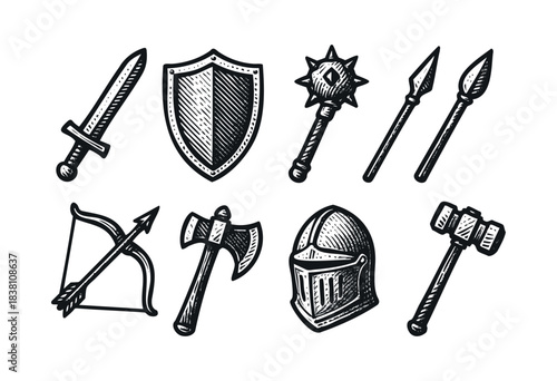 image.pngMedieval weapons engraved icons : sword, shield, and other knight and battle armament — stock vector.