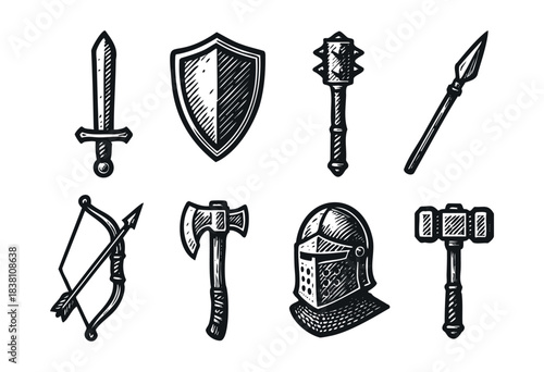 Medieval weapons engraved icons : sword, shield, and other knight and battle armament — stock vector.