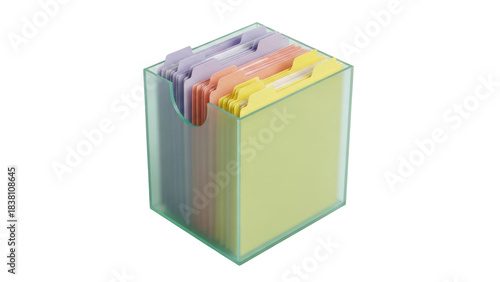 Isolated box of colorful file folders with tabs, for office or home organization purposes