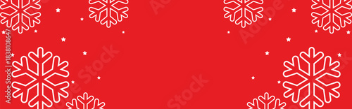 Festive red winter background with bold white geometric snowflakes and scattered stars framing wide copy space, ideal for Christmas greetings, seasonal invitations, web banners, and holiday promotions