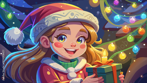 Very beautiful close-up portrait of a happy little girl in a cute winter hat as Santa Claus lovingly hands her a small wrapped gift, glowing Christmas lights softly illuminating their smiles.
