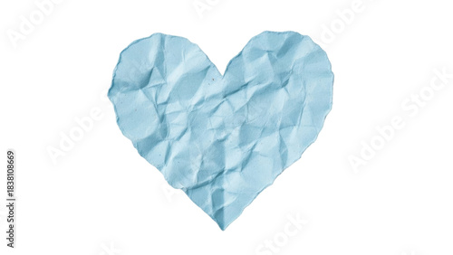 Isolated light blue crumpled paper heart symbolizing a sentimental gift, love and romance