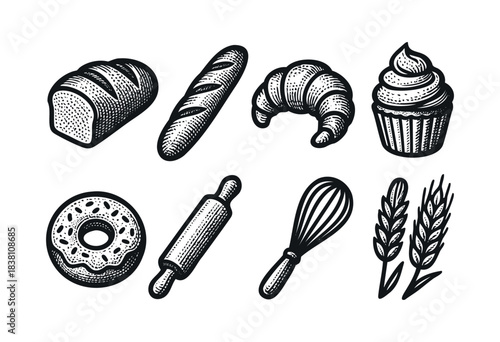 Bakery engraved icons : bread, croissant, and other pastry and baking elements — stock vector.