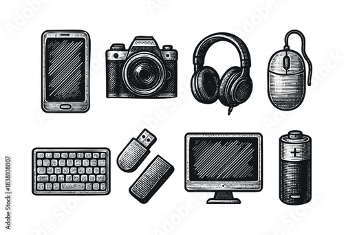 Gadgets and devices engraved icons : smartphone, camera, and other personal electronics — stock vector.