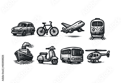 Transport engraved icons : car, airplane, and other retro vehicles — stock vector.