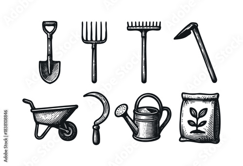 Gardening tools engraved icons : shovel, rake, and other farming and agriculture equipment — stock vector.