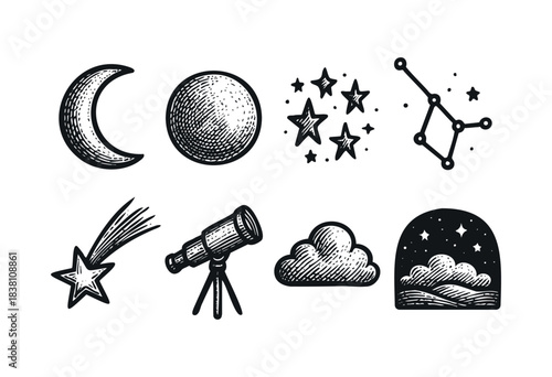 Astronomy engraved icons : moon, stars, and other celestial and night sky symbols — stock vector.
