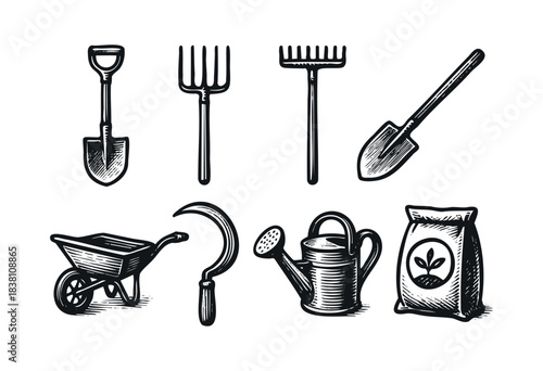 Gardening tools engraved icons : shovel, rake, and other farming and agriculture equipment — stock vector.