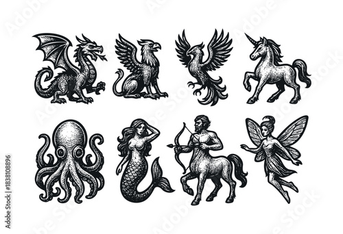 Mythical creatures engraved icons : dragon, griffin, and other fantasy and folklore beasts — stock vector.