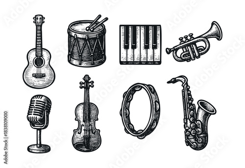 Musical instruments engraved icons : guitar, drums, and other band and orchestra equipment — stock vector.