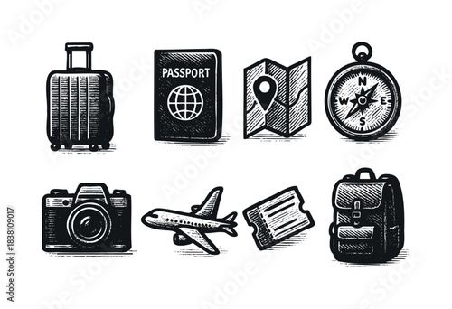 Travel engraved icons : passport, map, and other vacation and adventure items — stock vector.